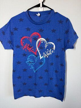 Red, White, Blue Heart & Stars T-Shirt Womens Small 4th of July Crewneck Tee